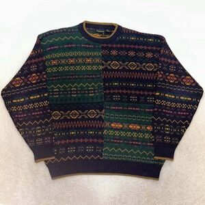 Knightsbridge Long Sleeve Polo Sweater M Green Brown Geometric Pattern Vintage